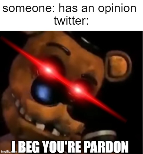 Freddy The Rock |  someone: has an opinion 
twitter:; I BEG YOU'RE PARDON | image tagged in freddy the rock | made w/ Imgflip meme maker