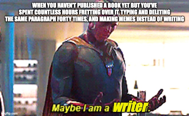 Writer's life |  WHEN YOU HAVEN'T PUBLISHED A BOOK YET BUT YOU'VE SPENT COUNTLESS HOURS FRETTING OVER IT, TYPING AND DELETING THE SAME PARAGRAPH FORTY TIMES, AND MAKING MEMES INSTEAD OF WRITING; writer | image tagged in maybe i am a monster | made w/ Imgflip meme maker
