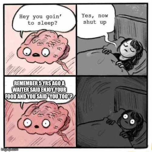 Hey you going to sleep? | REMEMBER 5 YRS AGO A WAITER SAID ENJOY YOUR FOOD AND YOU SAID “YOU TOO”? | image tagged in hey you going to sleep,memory,embarrassed | made w/ Imgflip meme maker