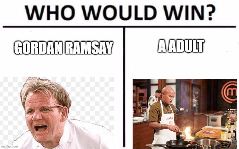 Who Would Win? Meme | A ADULT; GORDAN RAMSAY | image tagged in memes,who would win | made w/ Imgflip meme maker