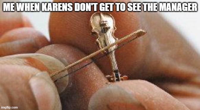 Violin | ME WHEN KARENS DON'T GET TO SEE THE MANAGER | image tagged in worlds smallest violin,karen,why are you reading this,stop reading the tags,ha ha tags go brr,thisimagehasalotoftags | made w/ Imgflip meme maker