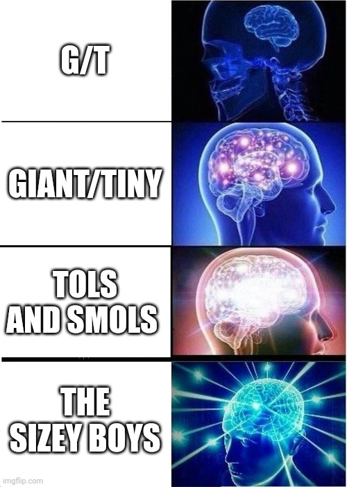 Names for the G/T community | G/T; GIANT/TINY; TOLS AND SMOLS; THE SIZEY BOYS | image tagged in memes,expanding brain,g/t,giant/tiny,giants | made w/ Imgflip meme maker