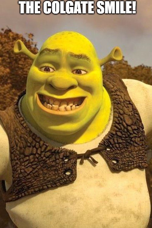 i need a brush | THE COLGATE SMILE! | image tagged in shrek,smiling shrek | made w/ Imgflip meme maker