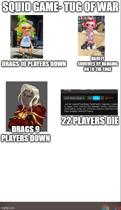 e | SQUID GAME- TUG OF WAR; BARELY SURVIVES BY HANGING ON TO THE EDGE; DRAGS 10 PLAYERS DOWN; 22 PLAYERS DIE; DRAGS 9 PLAYERS DOWN | image tagged in medium blank white template | made w/ Imgflip meme maker