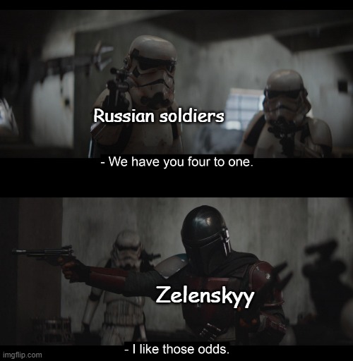 Four to One | Russian soldiers; Zelenskyy | image tagged in four to one | made w/ Imgflip meme maker
