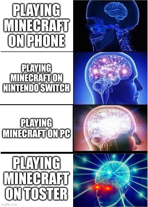 Expanding Brain | PLAYING MINECRAFT ON PHONE; PLAYING MINECRAFT ON NINTENDO SWITCH; PLAYING MINECRAFT ON PC; PLAYING MINECRAFT ON TOSTER | image tagged in memes,expanding brain | made w/ Imgflip meme maker