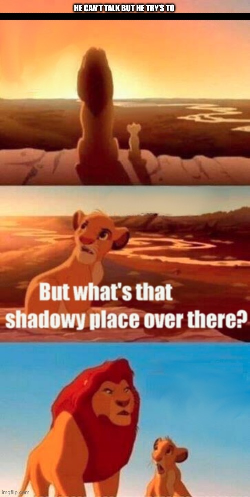 He can’t talk | HE CAN’T TALK BUT HE TRY’S TO | image tagged in memes,simba shadowy place | made w/ Imgflip meme maker