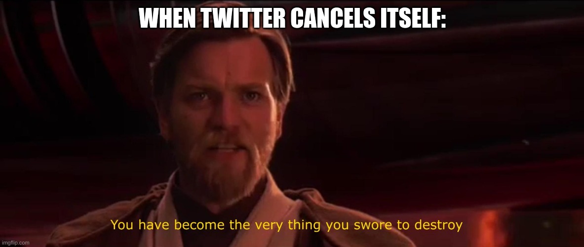 haha twitter be gone | WHEN TWITTER CANCELS ITSELF: | image tagged in you have become the very thing you swore to destroy | made w/ Imgflip meme maker