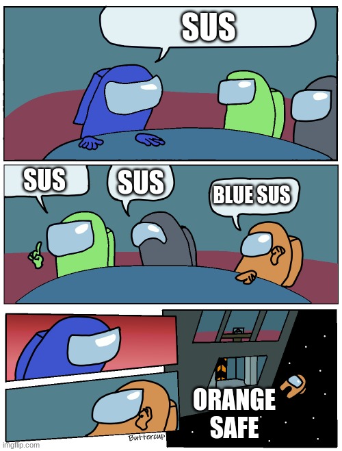 sus (unfunny - mod) | SUS; SUS; SUS; BLUE SUS; ORANGE SAFE | image tagged in among us meeting | made w/ Imgflip meme maker