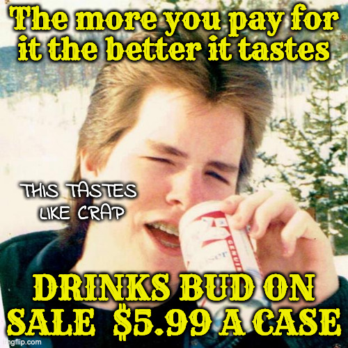 Eighties Teen Meme | The more you pay for it the better it tastes DRINKS BUD ON SALE  $5.99 A CASE THIS TASTES 
LIKE CRAP | image tagged in memes,eighties teen | made w/ Imgflip meme maker