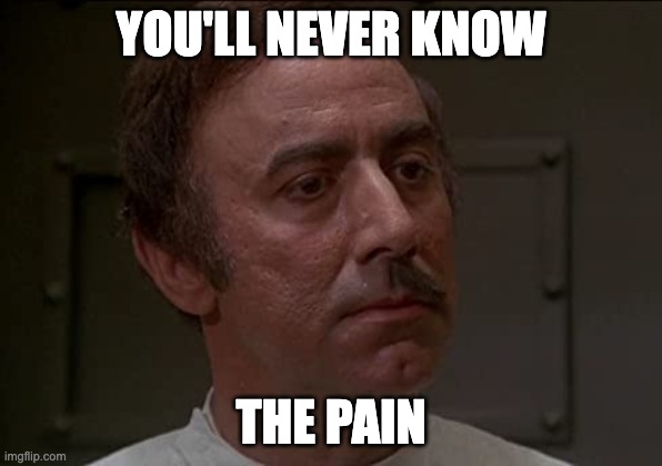 You'll never know the pain |  YOU'LL NEVER KNOW; THE PAIN | image tagged in high anxiety,mel brooks | made w/ Imgflip meme maker