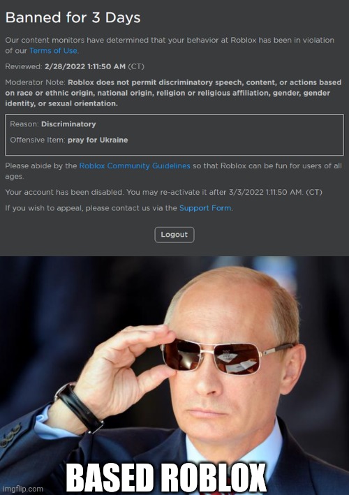 BASED ROBLOX | image tagged in putin with sunglasses | made w/ Imgflip meme maker