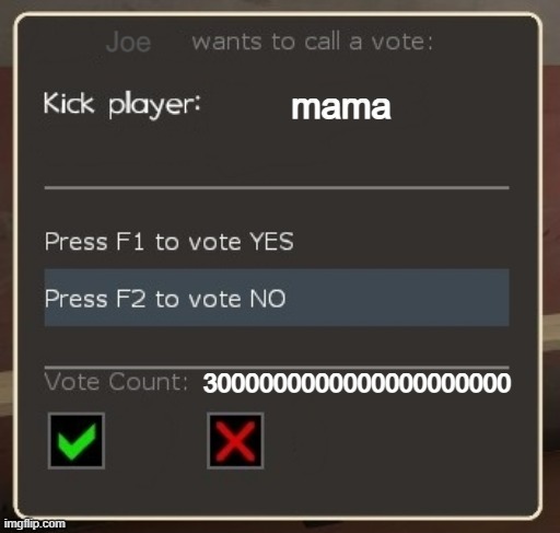 vote ban/vote kick | Joe; mama; 3000000000000000000000 | image tagged in vote ban/vote kick | made w/ Imgflip meme maker