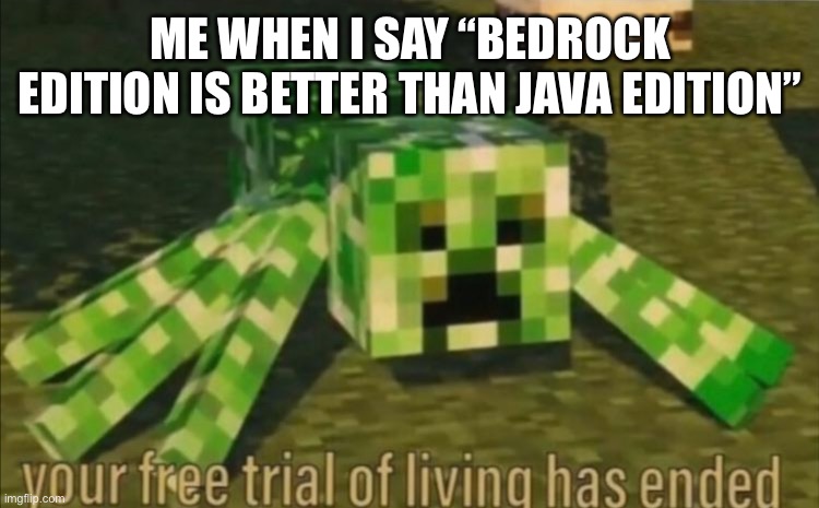 Bruh | ME WHEN I SAY “BEDROCK EDITION IS BETTER THAN JAVA EDITION” | image tagged in your free trial of living has ended | made w/ Imgflip meme maker