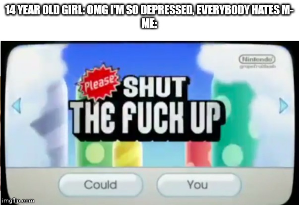 please shut the f up | 14 YEAR OLD GIRL: OMG I'M SO DEPRESSED, EVERYBODY HATES M-
ME: | image tagged in please shut the f up | made w/ Imgflip meme maker
