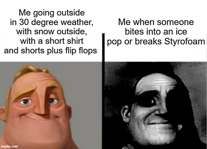 Yeah, I don't understand my own body sometimes | Me when someone bites into an ice pop or breaks Styrofoam; Me going outside in 30 degree weather, with snow outside, with a short shirt and shorts plus flip flops | image tagged in teacher's copy,body | made w/ Imgflip meme maker