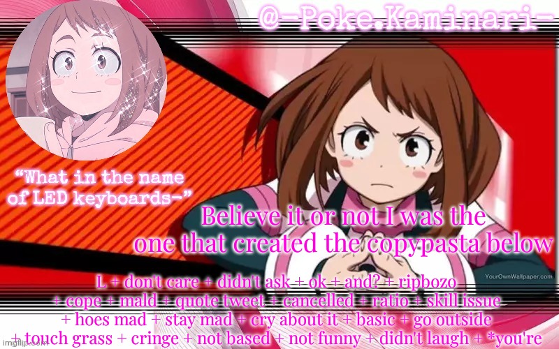 Poke's ochaco uraraka temp | Believe it or not I was the one that created the copypasta below; L + don't care + didn't ask + ok + and? + ripbozo + cope + mald + quote tweet + cancelled + ratio + skill issue + hoes mad + stay mad + cry about it + basic + go outside + touch grass + cringe + not based + not funny + didn't laugh + *you're | image tagged in poke's ochaco uraraka temp | made w/ Imgflip meme maker