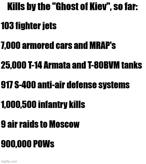 Ghost of Kyiv kills, so far | 103 fighter jets
 
7,000 armored cars and MRAP's
 
25,000 T-14 Armata and T-80BVM tanks
 
917 S-400 anti-air defense systems
 
1,000,500 infantry kills
 
9 air raids to Moscow
 
900,000 POWs; Kills by the "Ghost of Kiev", so far: | image tagged in ukraine,war,russia | made w/ Imgflip meme maker