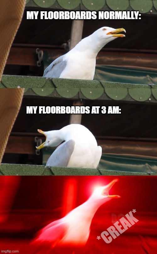 Bro, i was just tryna make some waffles. | MY FLOORBOARDS NORMALLY:; MY FLOORBOARDS AT 3 AM:; *CREAK* | image tagged in inhaling seagull | made w/ Imgflip meme maker