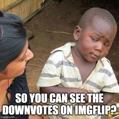 Third World Skeptical Kid Meme | SO YOU CAN SEE THE DOWNVOTES ON IMGFLIP? | image tagged in memes,third world skeptical kid | made w/ Imgflip meme maker