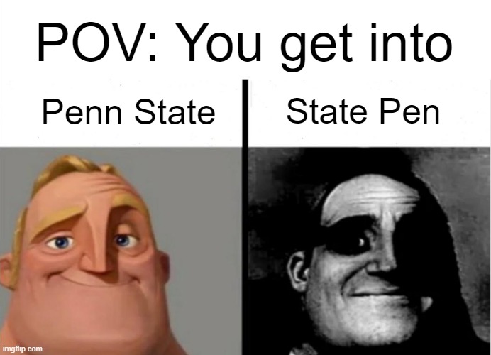 college got me like | POV: You get into; State Pen; Penn State | image tagged in teacher's copy | made w/ Imgflip meme maker