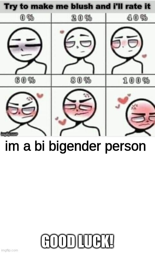 im a bi bigender person; GOOD LUCK! | image tagged in make me blush,blank white template | made w/ Imgflip meme maker