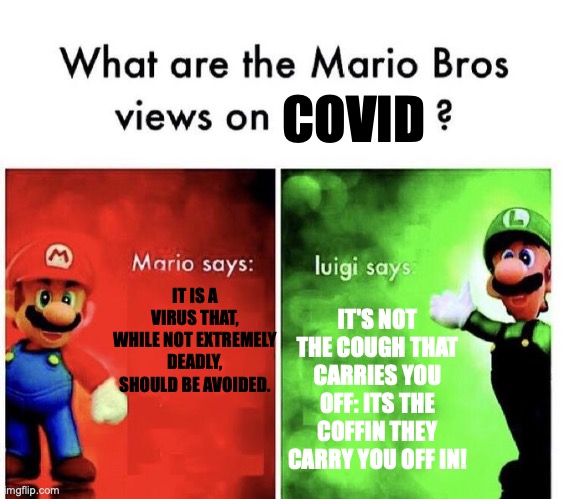 LūWĘJïE sAÿz | COVID; IT IS A VIRUS THAT, WHILE NOT EXTREMELY DEADLY, SHOULD BE AVOIDED. IT'S NOT THE COUGH THAT CARRIES YOU OFF: ITS THE COFFIN THEY CARRY YOU OFF IN! | image tagged in mario bros views,covid,covid-19,covidiots,covid vaccine | made w/ Imgflip meme maker
