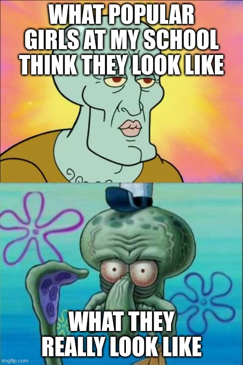 Squidward Meme | WHAT POPULAR GIRLS AT MY SCHOOL THINK THEY LOOK LIKE; WHAT THEY REALLY LOOK LIKE | image tagged in memes,squidward | made w/ Imgflip meme maker
