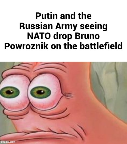 Putin and the Russian Army seeing NATO drop Bruno Powroznik on the battlefield | image tagged in memes,spongebob,patrick star,russia | made w/ Imgflip meme maker