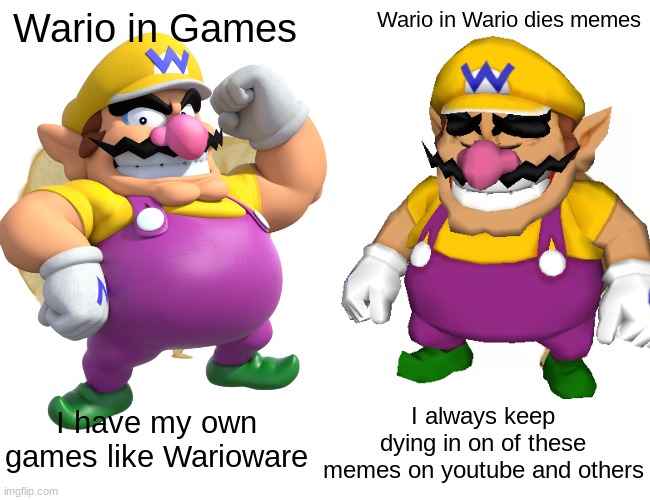 Wario dies in a nutshell | Wario in Games; Wario in Wario dies memes; I have my own games like Warioware; I always keep dying in on of these memes on youtube and others | image tagged in wario,wario sad,wario dies,buff doge vs cheems | made w/ Imgflip meme maker