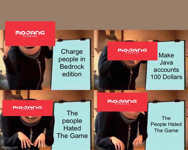 Mojang greed | Charge people in Bedrock edition; Make Java accounts 100 Dollars; The people Hated The Game; The People Hated The Game | image tagged in memes,gru's plan | made w/ Imgflip meme maker