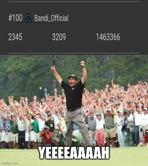 Thank you so much everyone!!!! | YEEEEAAAAH | image tagged in golf celebration,top 100,leaderboard | made w/ Imgflip meme maker