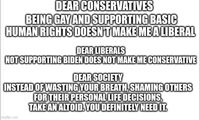 Don't support Trump and I don't support Biden. What does that make me? A nobody. | DEAR CONSERVATIVES; BEING GAY AND SUPPORTING BASIC HUMAN RIGHTS DOESN'T MAKE ME A LIBERAL; DEAR LIBERALS
NOT SUPPORTING BIDEN DOES NOT MAKE ME CONSERVATIVE; DEAR SOCIETY
INSTEAD OF WASTING YOUR BREATH, SHAMING OTHERS FOR THEIR PERSONAL LIFE DECISIONS, TAKE AN ALTOID. YOU DEFINITELY NEED IT. | image tagged in white background | made w/ Imgflip meme maker