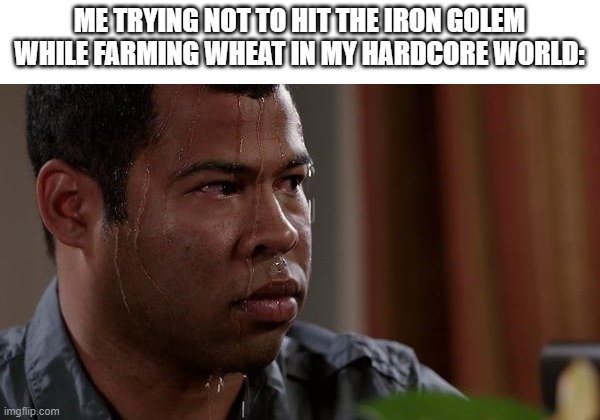 Help | ME TRYING NOT TO HIT THE IRON GOLEM WHILE FARMING WHEAT IN MY HARDCORE WORLD: | image tagged in sweating bullets,minecraft,iron | made w/ Imgflip meme maker