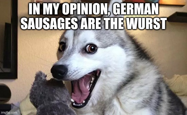 German sausages be like | IN MY OPINION, GERMAN SAUSAGES ARE THE WURST | image tagged in happy doggo,sausage,dog | made w/ Imgflip meme maker