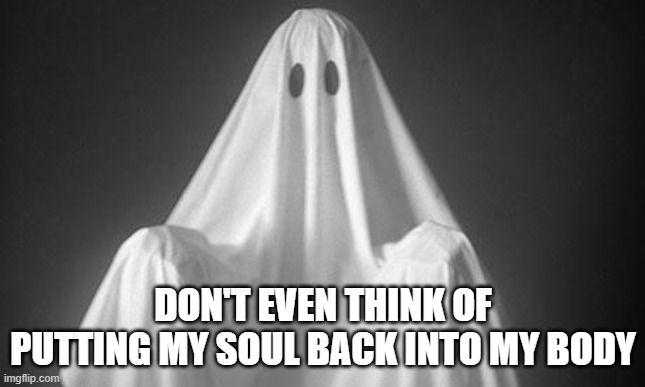 Ghost | DON'T EVEN THINK OF PUTTING MY SOUL BACK INTO MY BODY | image tagged in ghost,soul | made w/ Imgflip meme maker