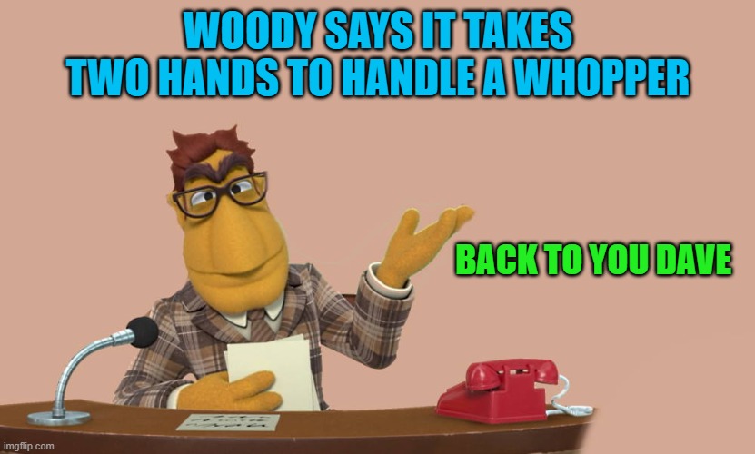WOODY SAYS IT TAKES TWO HANDS TO HANDLE A WHOPPER BACK TO YOU DAVE | image tagged in news | made w/ Imgflip meme maker