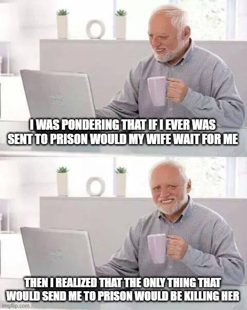Hide the Pain Harold Meme | I WAS PONDERING THAT IF I EVER WAS SENT TO PRISON WOULD MY WIFE WAIT FOR ME; THEN I REALIZED THAT THE ONLY THING THAT WOULD SEND ME TO PRISON WOULD BE KILLING HER | image tagged in memes,hide the pain harold | made w/ Imgflip meme maker