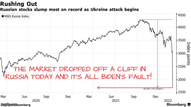 It's Biden's fault.. | THE MARKET DROPPED OFF A CLIFF IN RUSSIA TODAY AND IT'S ALL BIDEN'S FAULT! | image tagged in president biden,russian ruble,market drop,vladimir putin | made w/ Imgflip meme maker
