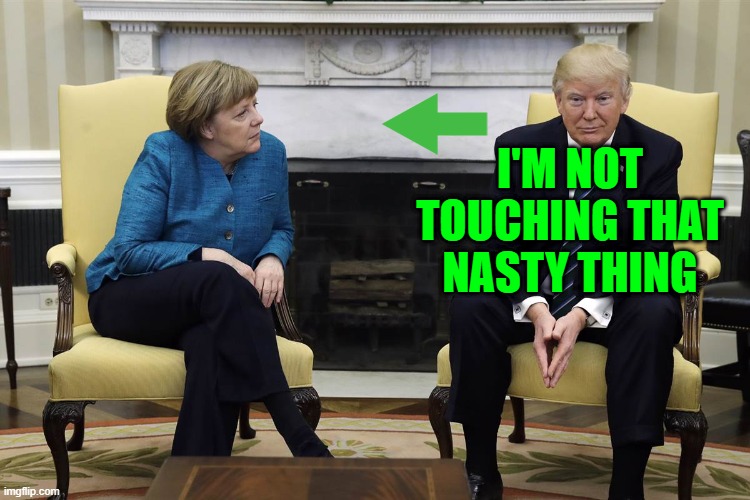 Trump passes on touching Angela Merkel's hand | I'M NOT TOUCHING THAT NASTY THING | image tagged in angela merkel and trump | made w/ Imgflip meme maker