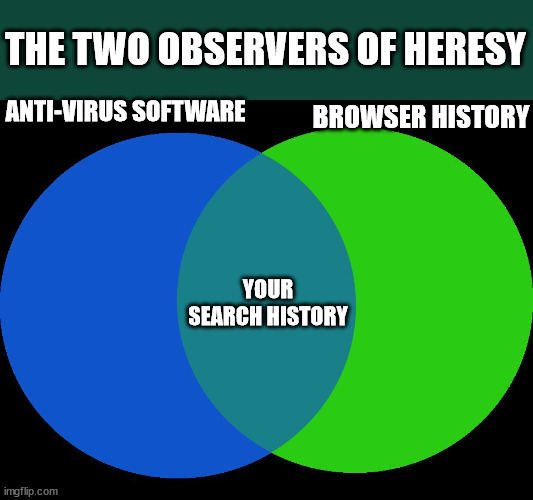 The Designated Drivers of the Internet | THE TWO OBSERVERS OF HERESY; ANTI-VIRUS SOFTWARE; BROWSER HISTORY; YOUR SEARCH HISTORY | image tagged in venn comparison | made w/ Imgflip meme maker