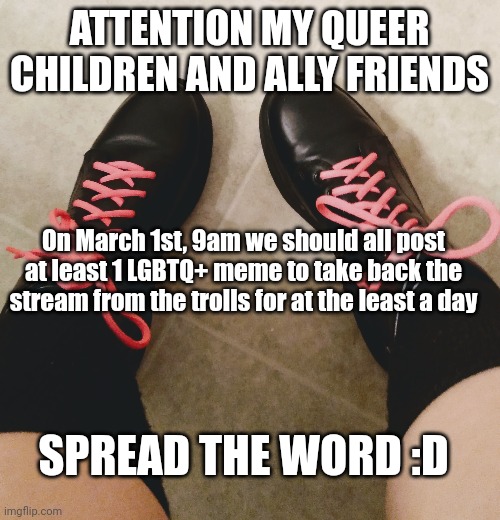 ATTENTION MY QUEER CHILDREN AND ALLY FRIENDS; On March 1st, 9am we should all post at least 1 LGBTQ+ meme to take back the stream from the trolls for at the least a day; SPREAD THE WORD :D | made w/ Imgflip meme maker