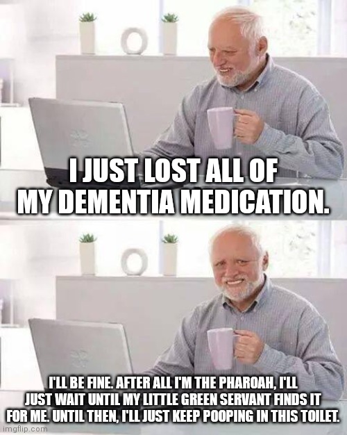 Hide the Pain Harold Meme | I JUST LOST ALL OF MY DEMENTIA MEDICATION. I'LL BE FINE. AFTER ALL I'M THE PHAROAH, I'LL JUST WAIT UNTIL MY LITTLE GREEN SERVANT FINDS IT FOR ME. UNTIL THEN, I'LL JUST KEEP POOPING IN THIS TOILET. | image tagged in memes,hide the pain harold | made w/ Imgflip meme maker