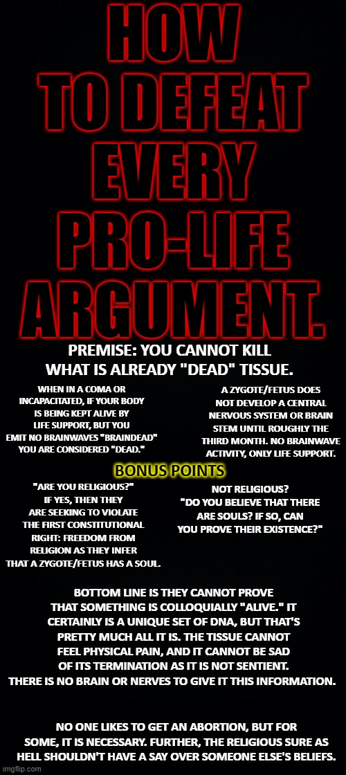 Murder is the "unlawful" killing of another human being. It certainly wasn't "Unlawful." Abortion isn't murder. | HOW TO DEFEAT EVERY PRO-LIFE ARGUMENT. PREMISE: YOU CANNOT KILL WHAT IS ALREADY "DEAD" TISSUE. WHEN IN A COMA OR INCAPACITATED, IF YOUR BODY IS BEING KEPT ALIVE BY LIFE SUPPORT, BUT YOU EMIT NO BRAINWAVES "BRAINDEAD" YOU ARE CONSIDERED "DEAD."; A ZYGOTE/FETUS DOES NOT DEVELOP A CENTRAL NERVOUS SYSTEM OR BRAIN STEM UNTIL ROUGHLY THE THIRD MONTH. NO BRAINWAVE ACTIVITY, ONLY LIFE SUPPORT. BONUS POINTS; "ARE YOU RELIGIOUS?" IF YES, THEN THEY ARE SEEKING TO VIOLATE THE FIRST CONSTITUTIONAL RIGHT: FREEDOM FROM RELIGION AS THEY INFER THAT A ZYGOTE/FETUS HAS A SOUL. NOT RELIGIOUS?
"DO YOU BELIEVE THAT THERE ARE SOULS? IF SO, CAN YOU PROVE THEIR EXISTENCE?"; BOTTOM LINE IS THEY CANNOT PROVE THAT SOMETHING IS COLLOQUIALLY "ALIVE." IT CERTAINLY IS A UNIQUE SET OF DNA, BUT THAT'S PRETTY MUCH ALL IT IS. THE TISSUE CANNOT FEEL PHYSICAL PAIN, AND IT CANNOT BE SAD OF ITS TERMINATION AS IT IS NOT SENTIENT. THERE IS NO BRAIN OR NERVES TO GIVE IT THIS INFORMATION. NO ONE LIKES TO GET AN ABORTION, BUT FOR SOME, IT IS NECESSARY. FURTHER, THE RELIGIOUS SURE AS HELL SHOULDN'T HAVE A SAY OVER SOMEONE ELSE'S BELIEFS. | image tagged in black background,pro-choice,pro-life,abortion,abortion is murder | made w/ Imgflip meme maker