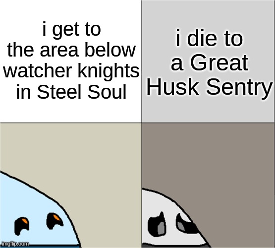 Normal and Dark Wandering Husk | i get to the area below watcher knights in Steel Soul; i die to a Great Husk Sentry | image tagged in normal and dark wandering husk,steel soul,hollow knight | made w/ Imgflip meme maker