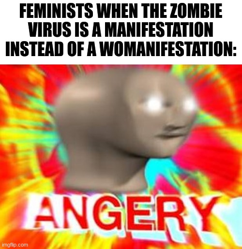Issa joke | FEMINISTS WHEN THE ZOMBIE VIRUS IS A MANIFESTATION INSTEAD OF A WOMANIFESTATION: | image tagged in surreal angery | made w/ Imgflip meme maker