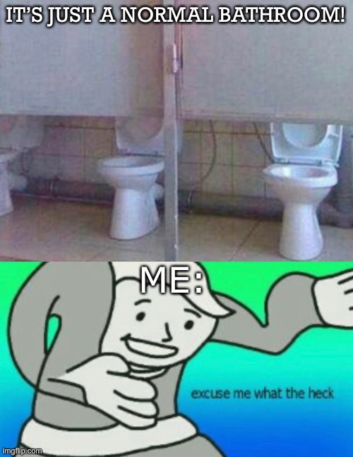 IT’S JUST A NORMAL BATHROOM! ME: | image tagged in excuse me what the heck,bathroom,what the | made w/ Imgflip meme maker