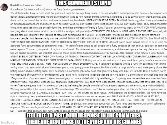 Dumb furry tries to demonize anti furries. Feel free to respond to him in the comment section: | THIS COMMENT I STUPID; FEEL FREE TO POST YOUR RESPONSE IN THE COMMENTS. THERE ARE ALSO LINKS TO THE VIDEO AND HIS CHANNEL | image tagged in anti furry,cringe,dumb people | made w/ Imgflip meme maker