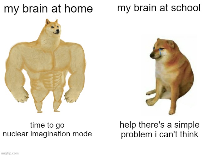 Right? |  my brain at home; my brain at school; time to go nuclear imagination mode; help there's a simple problem i can't think | image tagged in memes,buff doge vs cheems,brain,school,imagination | made w/ Imgflip meme maker