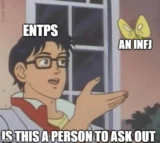 interesting indeed |  ENTPS; AN INFJ; IS THIS A PERSON TO ASK OUT | image tagged in is this butterfly,mbti,personality | made w/ Imgflip meme maker